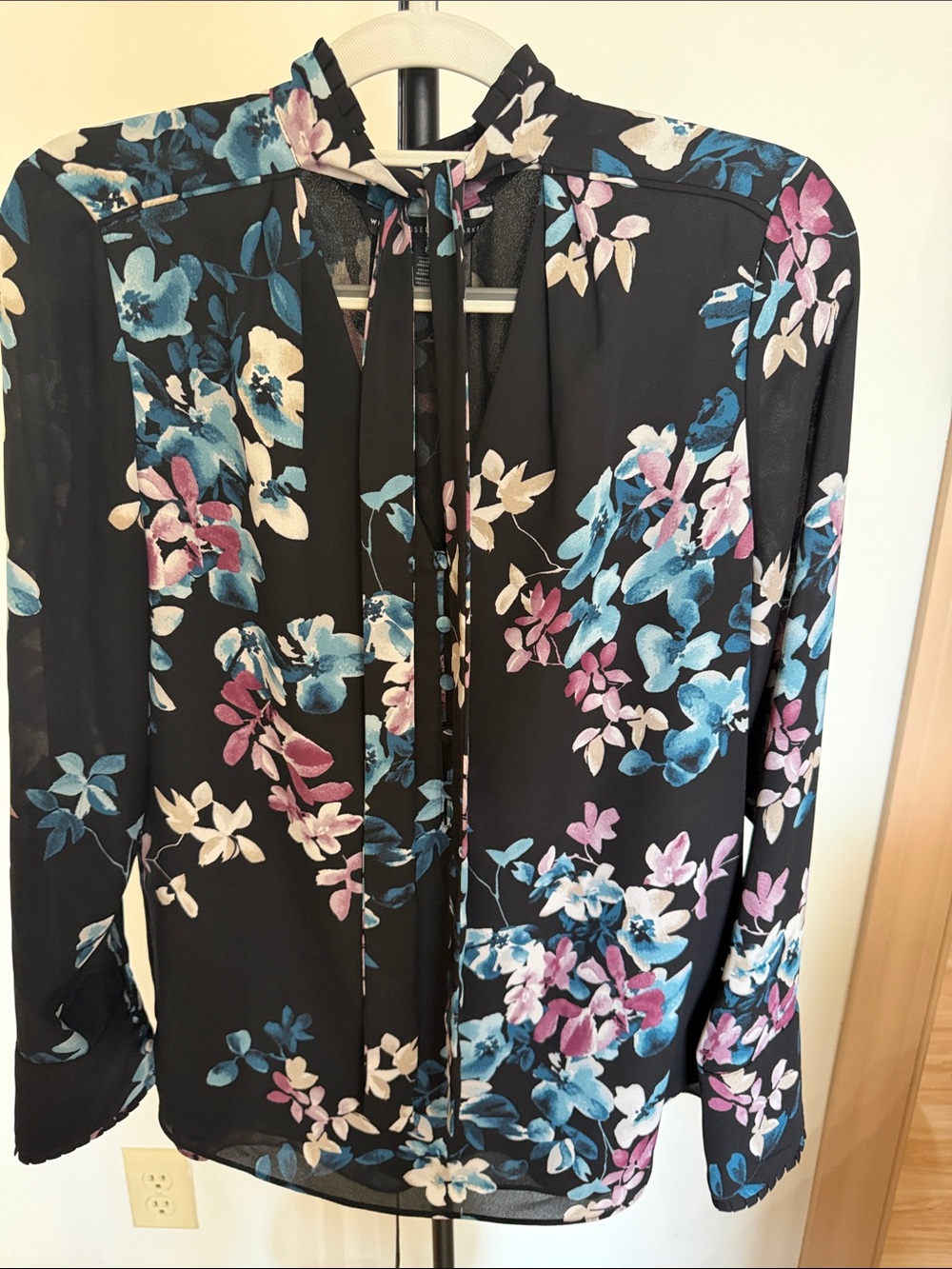 White House Black Market Slate Blue Sheer Swiss Dot Blouse